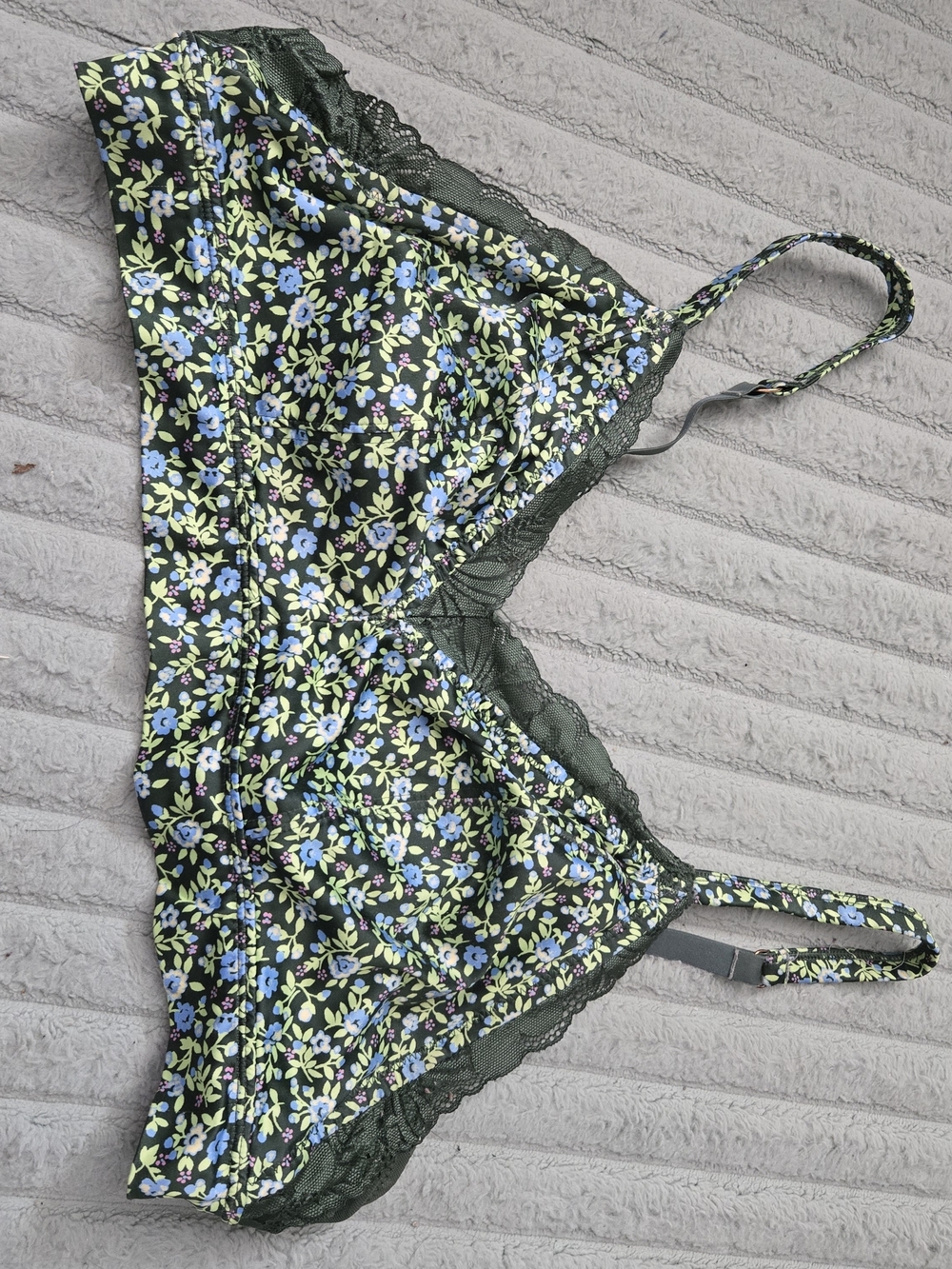 aerie Floral Lace-Trim Bralette in Dark Green with Blue Blossoms